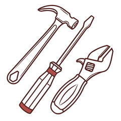 A simple line art illustration of a claw hammer a phillips head screwdriver and an adjustable wrench on a white background