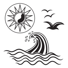 Stylized black and white illustration of a sun with a yin yang symbol crashing ocean wave and flying seagulls