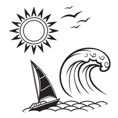 Stylized black and white illustration of a sailboat on the water under a bright sun with birds flying above a crashing wave
