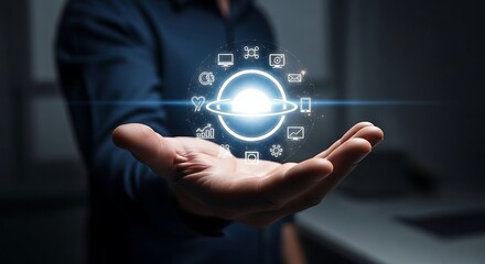 A person's hand holding a glowing digital sphere with various technology icons.