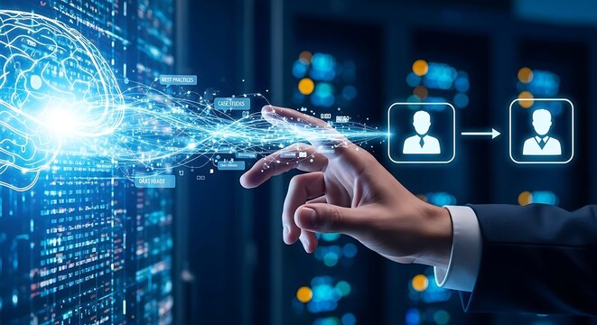 A human hand interacts with a glowing digital representation of a brain and data flow, connecting to user icons.