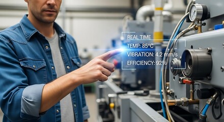 A factory worker interacts with a machine displaying real-time performance data.
