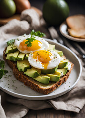 Avocado toast with egg — rustic plate, linen napkin, soft daylight