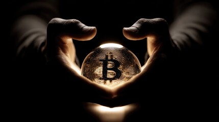 Hands holding a crystal ball displaying a bitcoin symbol.