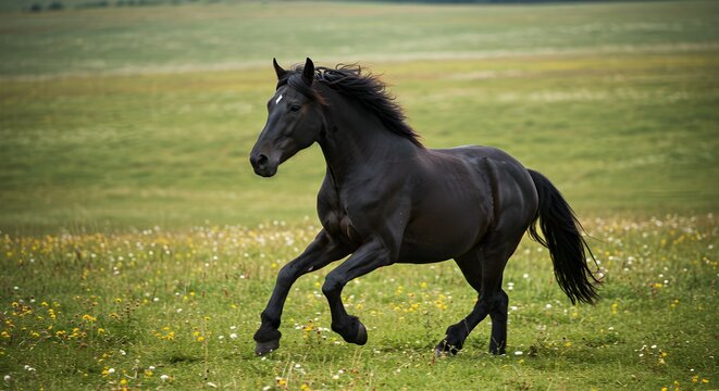 Black horse running through field