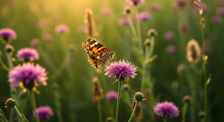 Obraz premium Butterfly on purple flower field