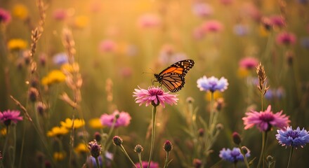 Butterfly on wildflowers in meadow