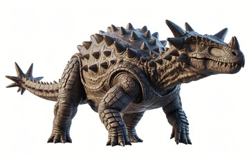 Fototapeta premium An Ankylosaurus, a heavily armored dinosaur, is shown in a defensive stance, covered in prominent spikes and a thick, bony club tail.
