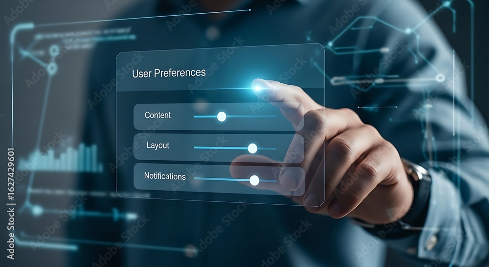 Poster a person interacts with a futuristic user interface, adjusting settings on a digital screen.