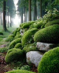 realistic close-up of moss-covered stones in a damp forest, soft natural light, high texture detail, shallow depth of field