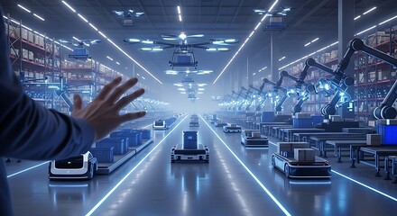 Futuristic automated warehouse with robotic systems and drone delivery overseen by a human controller.