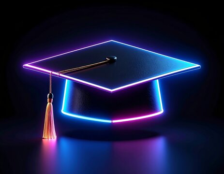A graduation cap, illuminated by neon lights, rests on a dark reflective surface - Powered by Adobe