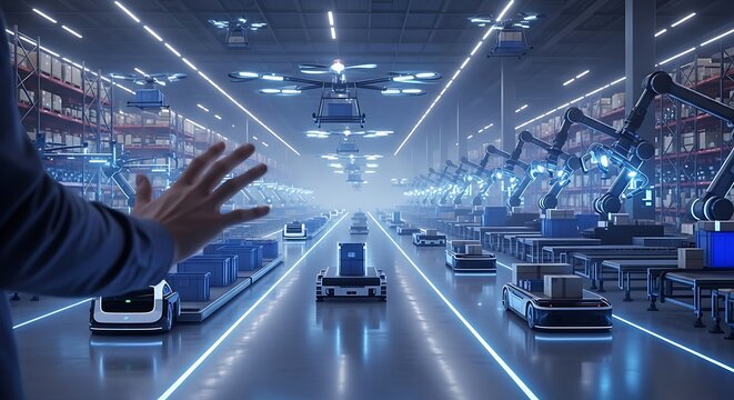 Futuristic automated warehouse with robotic systems and drone delivery overseen by a human controller.