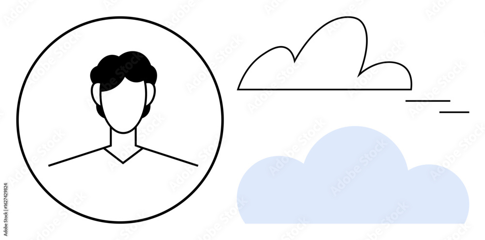 Poster minimalist face outline inside a circle with two abstract clouds and lines symbolizing creativity, i