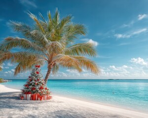 Festive Christmas palm tree beach scene