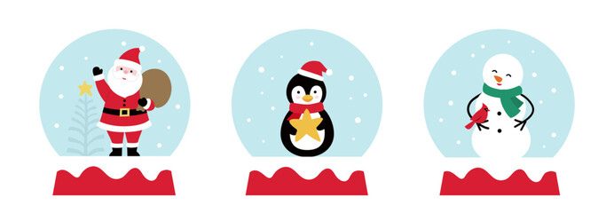 Set of cute holiday Christmas water balls.
Includes Santa Claus, snowman, and penguin characters.
Flat vector stock illustration.
Good for greeting card, poster, banner, leaflet.