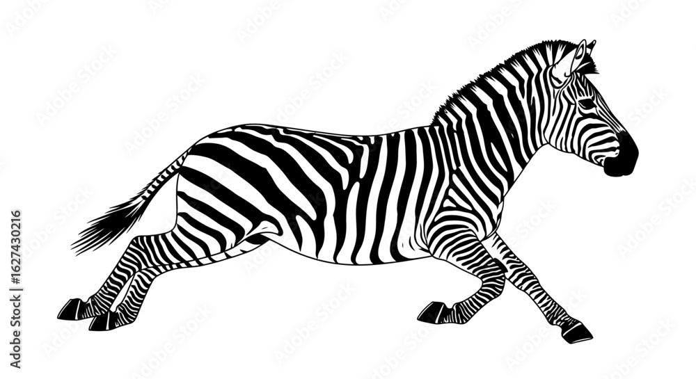 Poster dynamic side profile of a running zebra, isolated on transparent background: a striking black and wh