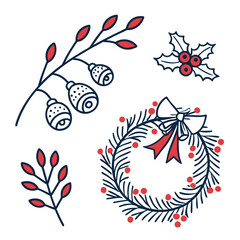 Charming hand drawn christmas elements featuring holly berries pine branches and decorative ornaments on white background