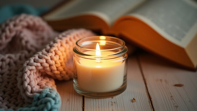 Candle burning in glass jar next to knitted blanket and book, warm tones, no visible logos or text