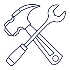 Simple line art icon of a hammer and wrench crossed together representing tools and repair