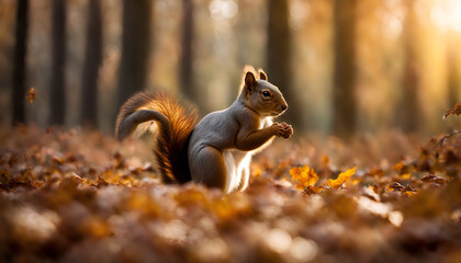 Obraz premium Squirrel gathering nuts among fallen leaves, autumn forest ground