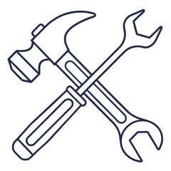 Simple line art icon of a hammer and wrench crossed together on a white background
