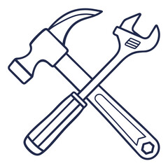 Simple line art icon of a hammer and adjustable wrench crossed together on a white background