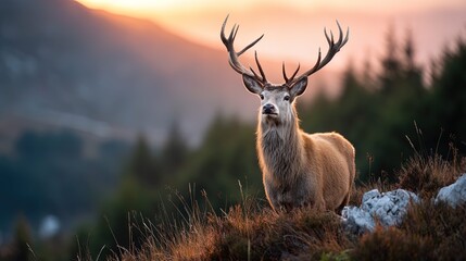 a majestic stag standing proudly on a hill at sunrise., high resolution portrait