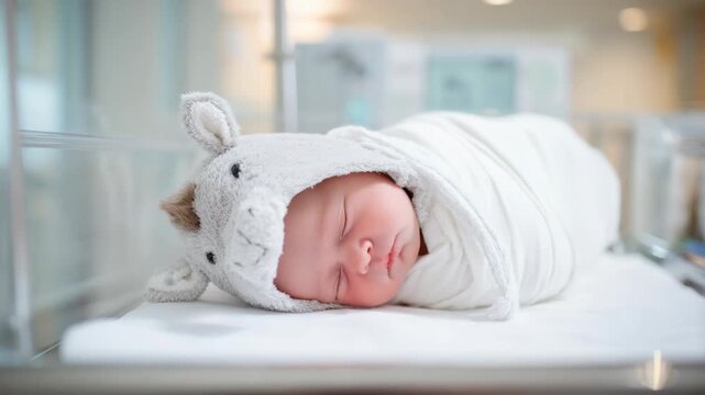  cute infant baby sleep wearing cute donky cap at hospital 