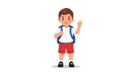 Obraz premium A cheerful schoolboy with a blue backpack waving hello. Vector illustration of a cute elementary student character.