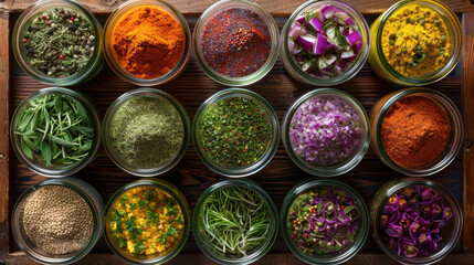 Collection of colorful spices and herbs in glass jars arranged in rows
