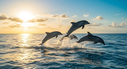 Fototapeta premium Dolphins jumping at sunset