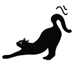 Stretching Black Cat Flat Vector Cute black cat stretching its body in a relaxed pose, perfect for cozy cat themes.