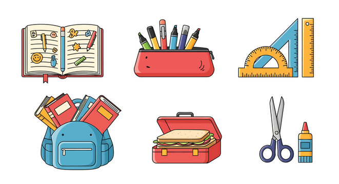 Colorful collection of school supply icons for education. Vector illustration set with backpack, notebook, and stationery.