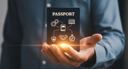 A person's hand holding a passport with digital icons representing global travel and security.
