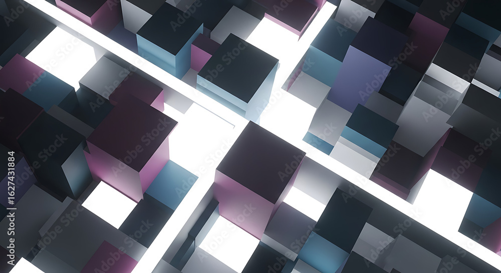 Poster overhead view of an abstract arrangement of cubes and bright lines in various colors and shades