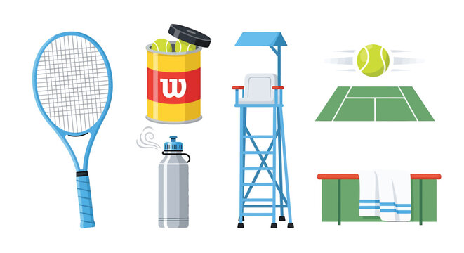 Vector collection of professional tennis equipment and match accessories isolated on white background