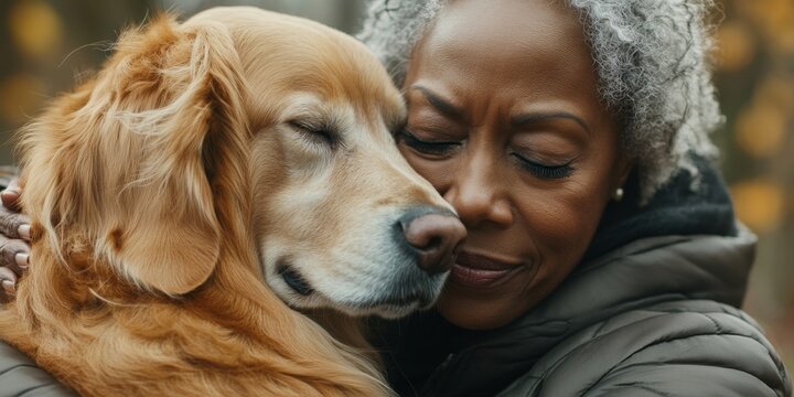 Senior Black woman cuddling a golden retriever dog outdoors. The elderly African American woman bonds with her pet, reflecting the importance of animal companionship, Generative AI - Powered by Adobe