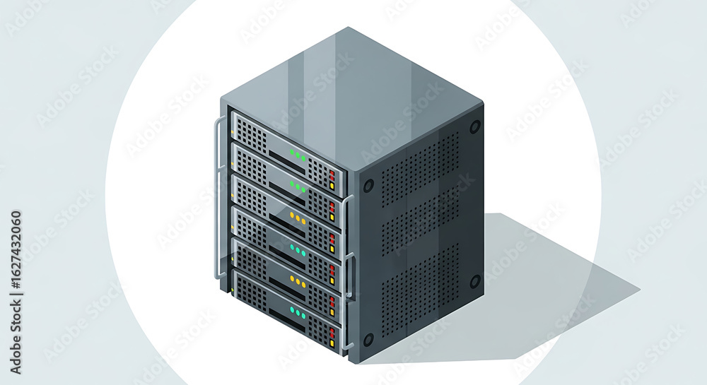 Aufkleber isometric illustration of a server rack with multiple drives on a white background