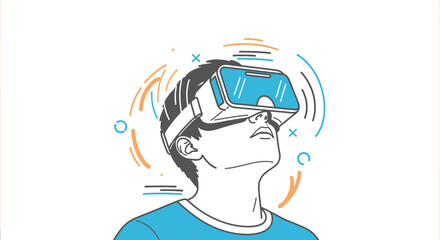 Fototapeta premium Young man wearing a virtual reality headset, immersed in a digital world. Line art vector illustration of futuristic technology.