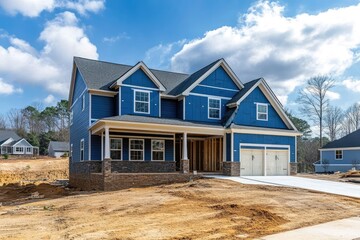 Exterior view of a modern blue house under construction.