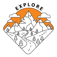 Art of explore the majestic mountains with this adventurous design, featuring a winding path through trees and clouds under an orange sun, perfect for travel and outdoor themes