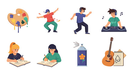 Creative youth hobbies and artistic expression icon set. Vector illustrations of music, dance, and art activities.
