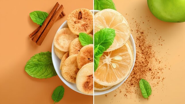 Split view of lemon slices pancakes in a bowl cinnamon sticks and mint leaves displayed on a yellow orange background
