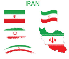 Set of Iran waving flag on isolated background vector illustration. 4 Iranian wavy,rectangle,brush realistic flag as a symbol of patriotism,Iran Flag in Map, Iran Map with Flag, Map of Iran, 