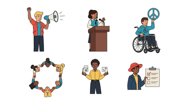 A vector illustration set of diverse people engaged in social activism, political elections, and human rights.