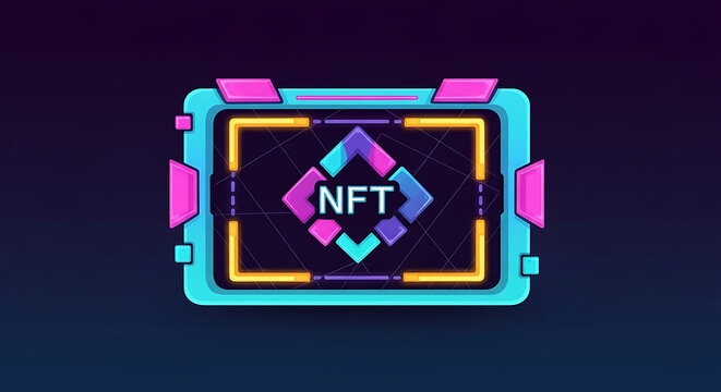 A vibrant nft graphic with a geometric design and neon accents on a dark blue gradient background