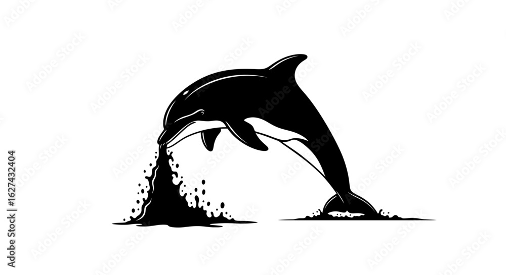 Poster dynamic silhouette of a dolphin leaping from the ocean, isolated on transparent background: perfect 