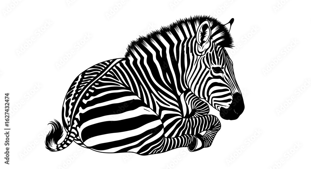 Poster side profile of a resting zebra, elegant black and white vector illustration isolated on transparent