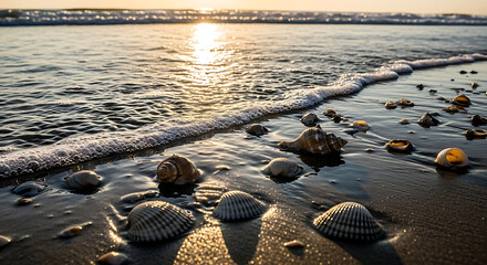 Seashells Glimmering in the Soft Evening Light A Testament to Nature's Beauty on the Beach
